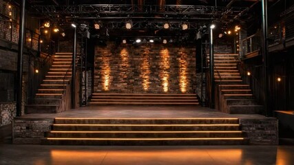 Poster - Elegant Theater Stage with Warm Lighting and Exposed Brick for Performances and Events in a Contemporary Setting 4k video footage