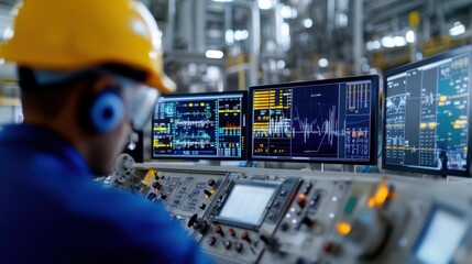 Poster - A skilled operator monitors multiple control screens in a high-tech industrial environment. The focus is on machinery efficiency and data analysis during a busy work shift