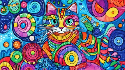 Poster - Vibrant colorful cat art abstract design digital illustration whimsical environment close-up view playful concept