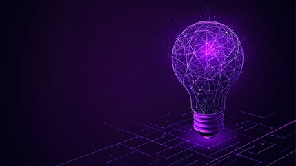 Poster - Abstract Light Bulb with Neon Glow in Purple Digital Background