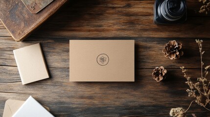 Poster - Elegant business card arrangement on rustic wooden table visual content cozy environment overhead view creative showcase