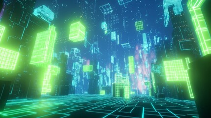  - Futuristic cityscape with neon lights digital realm 3d visualization virtual environment immersive perspective