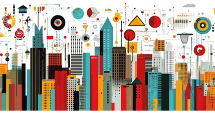 Poster - Colorful Abstract City Skyline with Geometric Shapes and Patterns