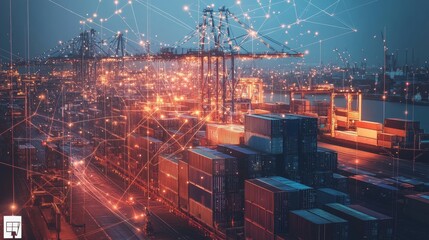 Poster - Global shipping operations international port digital network night scene aerial view modern logistics overview