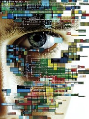 Poster - Abstract Digital Art Eye with Colorful Pixel Patterns and Data