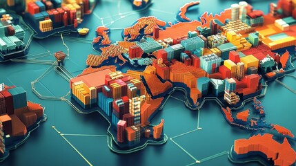 Poster - Global trade dynamics in 3d shipping containers across europe digital art futuristic environment aerial view logistics concept