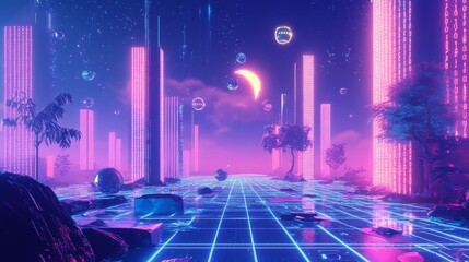  - Futuristic neon landscape virtual reality digital art surreal environment wide-angle view dreamlike concept
