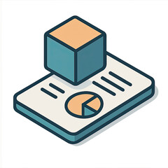 Poster - Isometric Illustration of a 3D Cube on a Data Report Showing a Pie Chart for Business Analytics and Data Visualization
