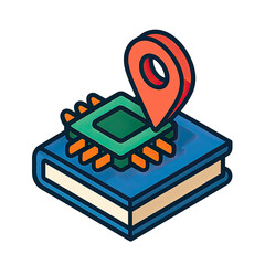 Poster - Isometric Illustration of Microchip on Book with Location Pin Digital Data Location Tracking and Knowledge