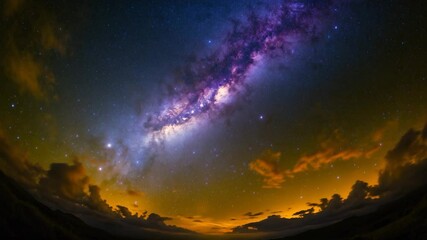Poster - Wide-angle view of purple and blue night sky featuring Milky Way and stars on dark background, with noise and grain. Using long exposure and selected white balance.