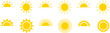 © Sakeba - Yellow sun icon set, sunshine and solar glow, sunrise or sunset. Decorative circle full and half sun and sunlight.