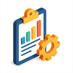 Poster - Isometric illustration of a clipboard with a bar graph and a gear signifying process optimization and data analysis