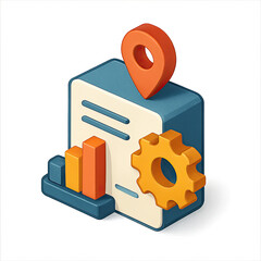Poster - Isometric Illustration of Location Based Business Analytics Data Report with Charts and Gear
