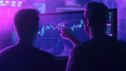 Poster - Two traders brokers stock exchange market investors discussing crypto trading charts growth using pc computer pointing at screen analyzing financial risks, investment profit forecast. Over shoulder i