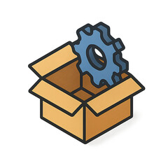 Poster - A Blue Gear Mechanism Inside an Open Cardboard Box Illustrating Packaging Solutions for Industrial Parts