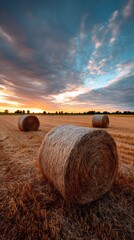 Aufkleber - Golden sunlight bathes the field as a summer evening sunset casts beautiful colors across the sky. Straw bales lay scattered, creating a peaceful countryside atmosphere