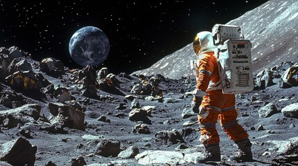 Wall Mural - Astronaut explores a lunar landscape under a starry sky.