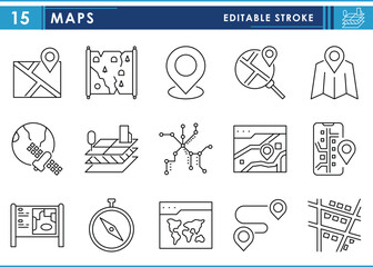 Fototapete - A set of line icons related to Maps. Map, paper, online, mobile, location, railway, land use, layers, presentation, and so on. Vector editable stroke.