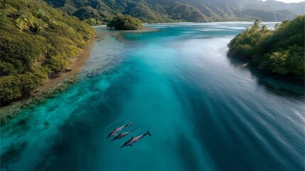 Poster - A pod of dolphins engages in playful activities, swimming gracefully in the clear turquoise waters of a tropical lagoon during the beautiful sunset