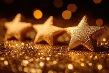 Poster - Shimmering gold stars glimmering on a sparkling surface during festive celebrations at night