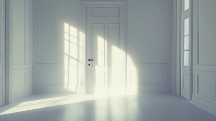 Poster - A white door is open in a room with a lot of light coming in