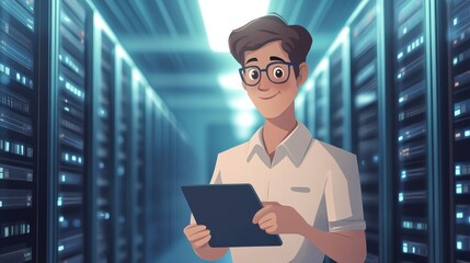 Poster - Young technician man working with tablet inside big data center room - Focus on face illustration , no logos, no brands