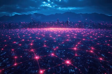 Poster - Digital cityscape at night showcasing glowing network connections and vibrant city lights