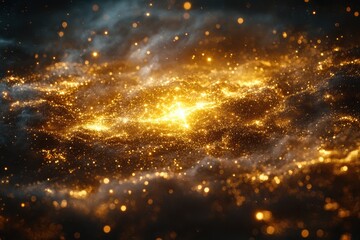 Poster - Golden cosmic cloud illuminating space with shimmering particles at the heart of a distant galaxy