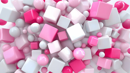 Poster - Playful Abstract Composition of Spheres and Cubes in Pink and White Tones