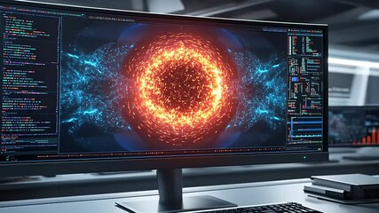 Computer screen displays abstract swirling energy visualization with coding interface