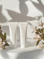 Poster - Serene beauty: White tubes with botanical shadows for cosmetic presentation