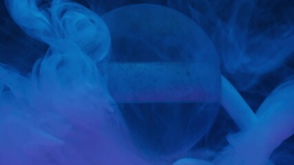 Wall Mural - Smoke drop. Ink splash. Defocused blue neon color ball dust liquid paint texture chemical fluid floating on abstract dark black background.