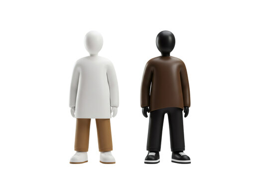 白と黒の3Dレンダリング人物モデルが立つ 全身表示 透明な背景にミニマルなデザインで表現 仮想的な等身大のアバター