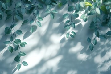 Poster - Green foliage creates soft shadows on a light wall with a tranquil, natural aesthetic in a serene indoor environment
