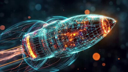 Poster - Digital holographic rocket flying through a high-tech environment with glowing connections and light trails, 3d digital holographic rocket flying with connection line