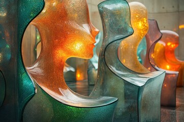 Poster - Colorful abstract sculptures of human faces illuminated in a modern indoor space during daytime
