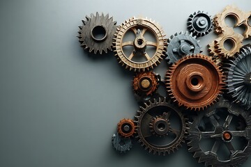 Wall Mural - intricate clockwork gears mechanism, detailed metal and wood cogs, teamwork and engineering concept