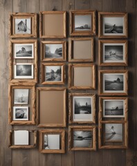 Wall Mural - Empty photo frames collage mockup, rustic wood & clips,  image,  wall,  texture