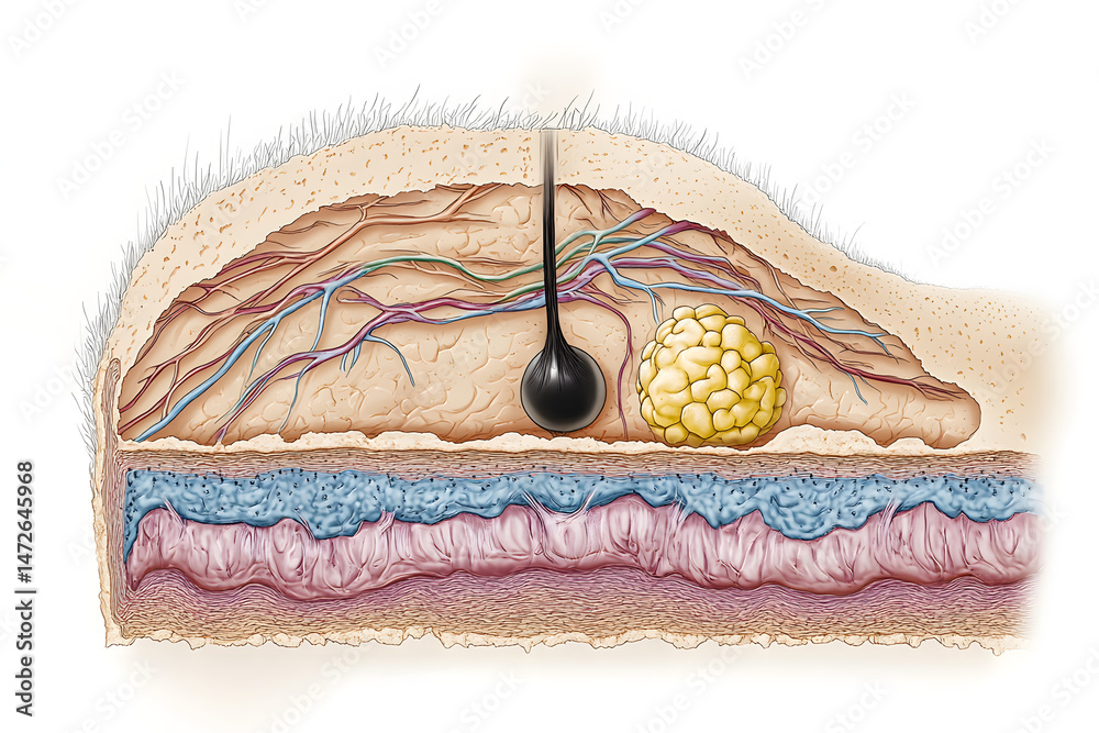 Human skin anatomy cross section detailed diagram, hair follicle ...