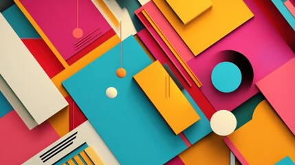 Aufkleber - Brightly colored abstract geometric paper shapes layered and overlapping in vibrant shades of pink yellow blue and orange with a modern artistic design