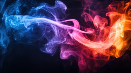 Poster - Vibrant colorful smoke clouds in blue pink and orange blending and swirling against a dark background, creating an abstract artistic visual effect