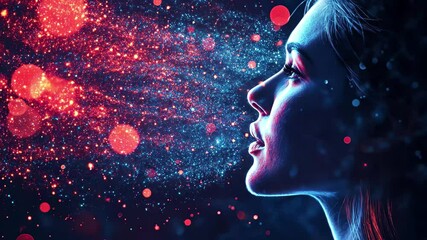 Poster - Ethereal woman with vibrant blue and red light in a cosmic setting at dusk, Ethereal woman's side profile with vibrant blue and red light particles swirling around her