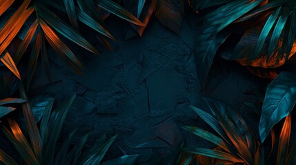 Poster - Blue background with green leaves and orange leaves. The leaves are in a pattern and the background is dark