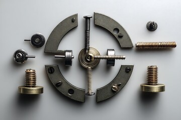 Wall Mural - metal screws and gears arranged in a circular pattern on a white background.