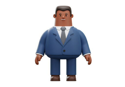 ビジネスマン キャラクター 青いスーツ グレーのネクタイ 着用 全身 黒色の背景 3Dレンダリング イラスト