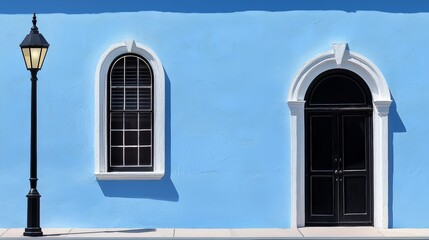 Poster - Blue building with a black door and a black lamp post. The lamp post is lit up, creating a warm and inviting atmosphere. The building has a unique architectural design, with arched windows