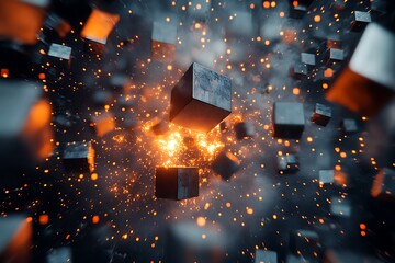 Leinwandbilder - Glowing cubes on a black background. 3d render illustration.