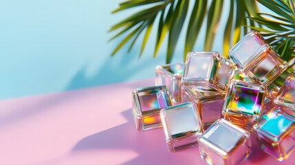 Poster - Bunch of cubes are on a pink background. The cubes are shiny and colorful, and they are arranged in a way that creates a sense of depth and dimension. Scene is bright and cheerful