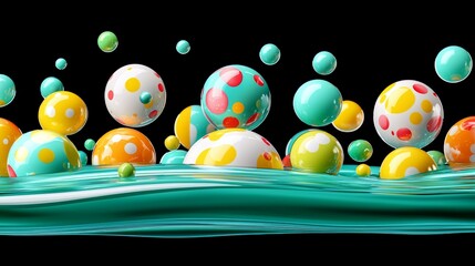 Poster - Colorful array of balls floating in a body of water. The balls are of various sizes and colors, creating a vibrant and playful scene. The water appears to be calm