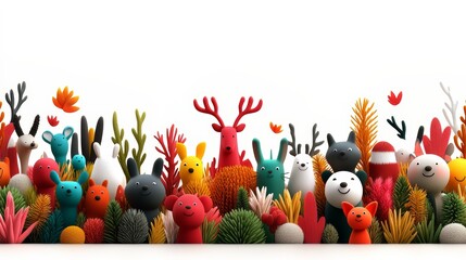 Poster - Colorful group of stuffed animals, including deer, rabbits, and bears, are arranged in a row